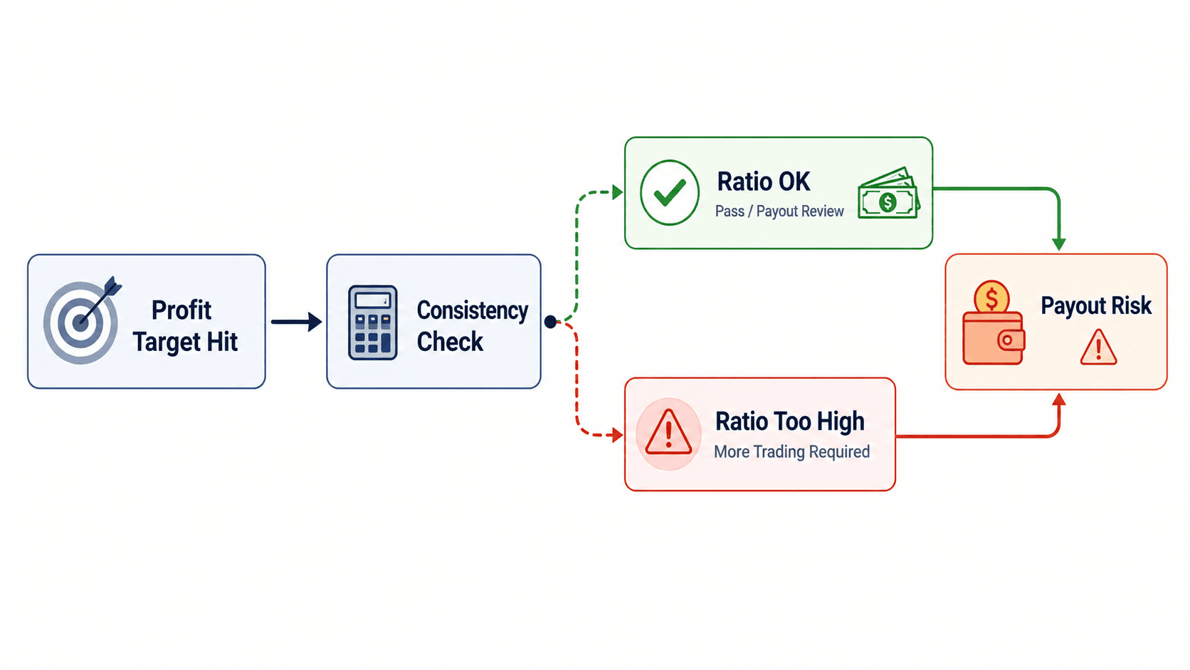 Flowchart showing how a consistency rule can delay challenge passing or payout approval