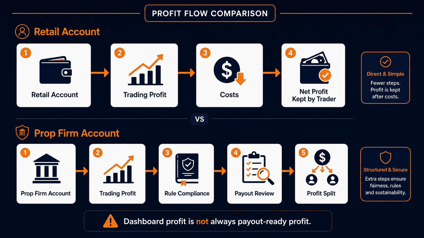 Profit flow comparison showing retail net profit versus prop firm profit split and payout review