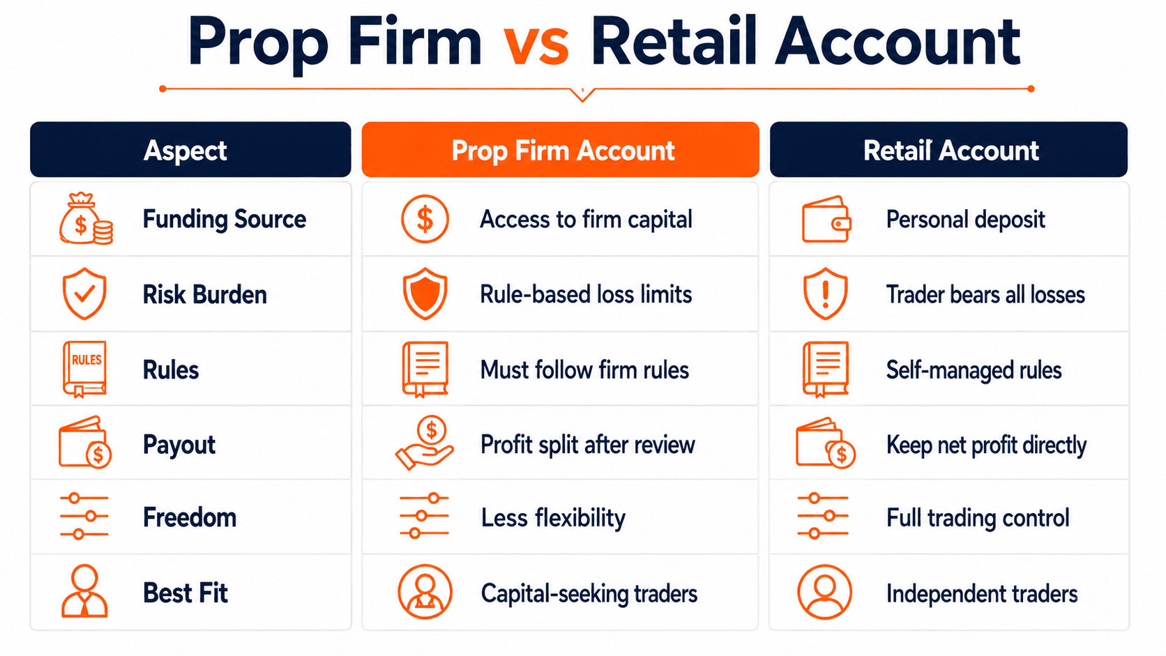 Comparison matrix showing funding risk rules payout and freedom for prop firm and retail accounts